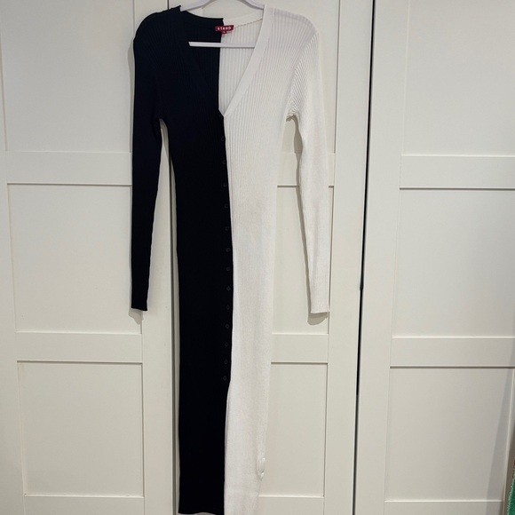 New Staud Shoko Black and White Colorblocked Midi Dress, M - Picture 2 of 5